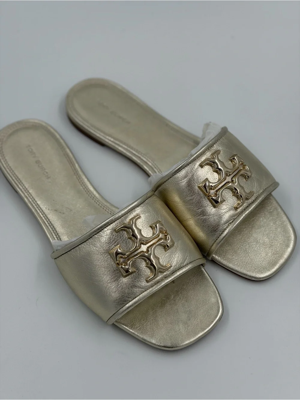Tory Burch Metallic Gold Double T Slide Sandals – Size 8.5
